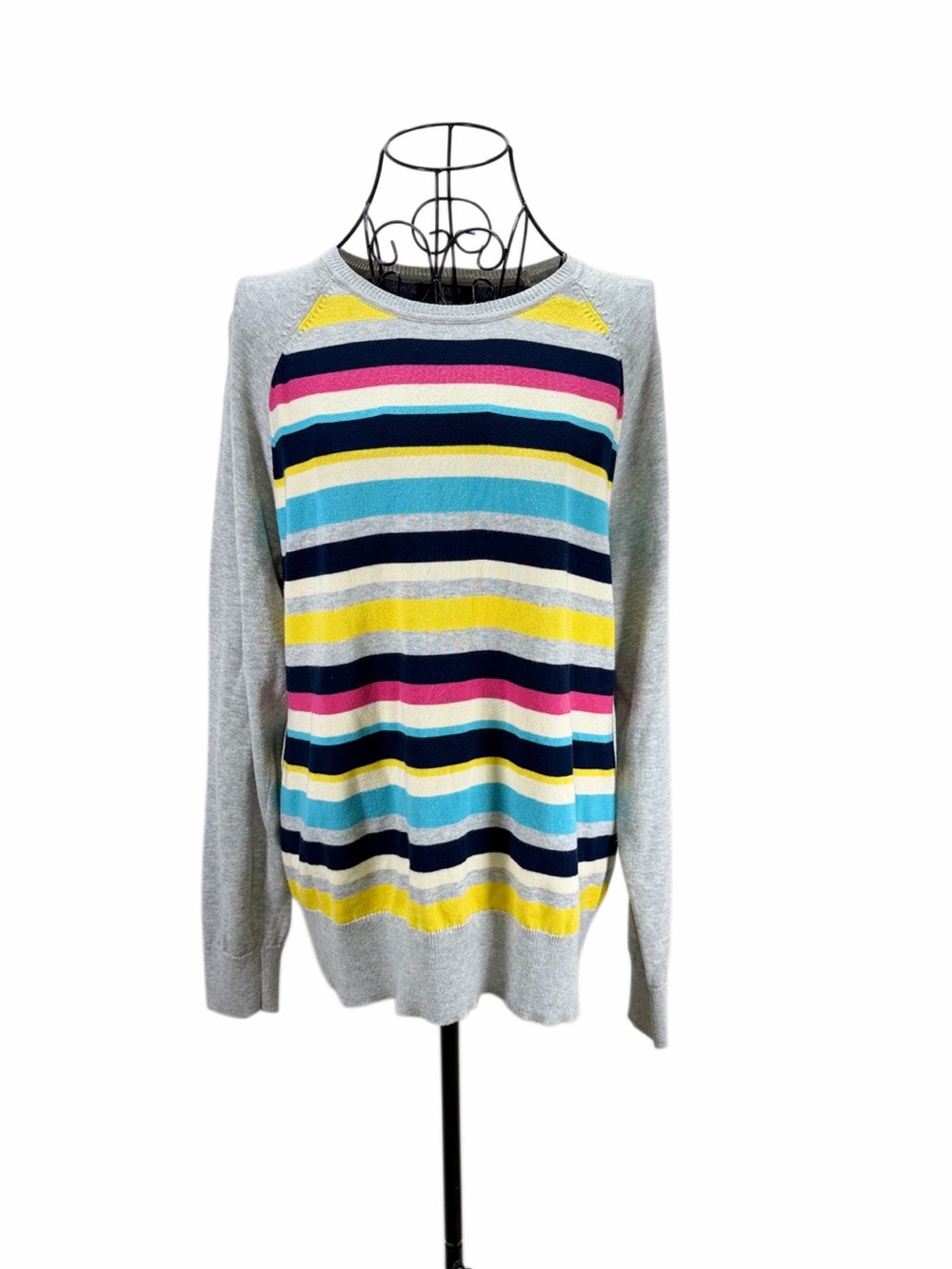 Striped Crewneck Sweater in Light Gray with Multicolor Stripes